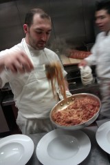 Plating the maccheroni alla chitarra