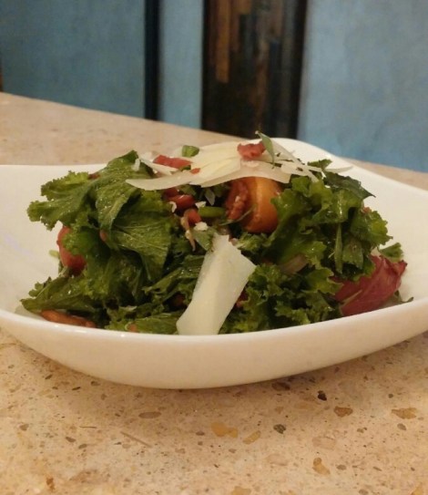 Jennifer Choplin's Summer Salad: Mustard greens, warm bacon vinaigrette, roasted peaches. Manchego cheese, bacon South Bowl Philly.