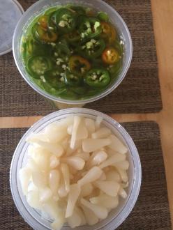 Pickled jalapeños & baby leeks. --S.M.