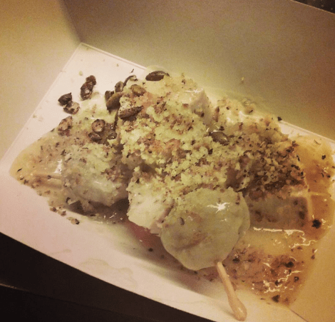 Chicken & dumplings on a stick. by Brion Shreffler