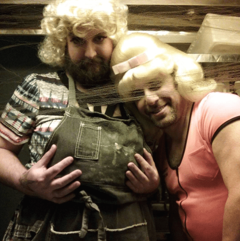 Craig Parahus & Michael Strauss in the cart at The Garage on Halloween. 