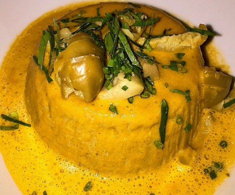 Bibou's chicken liver mousse with green olives and tomato emulsion. by Darren DeBlasi.