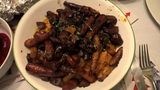 Braised carrots & mushrooms over savory squash. 
