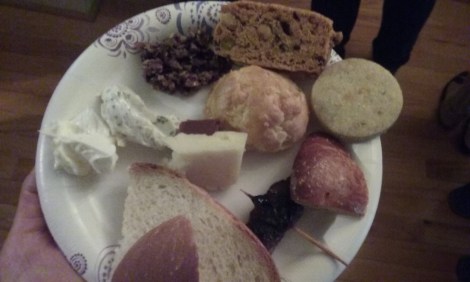 Party Plate from Flow State's May Pop-up: tapenade, zaletti (atop gruyere cheese puff), olive bread, bacon wrapped date, more olive bread, plain and herbed whipped butter.